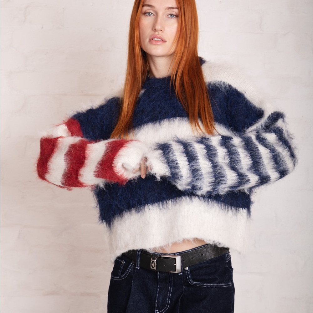 The Ragged Priest Buttermint Striped Fuzzy Sweater - Red, White, and Blue, Small